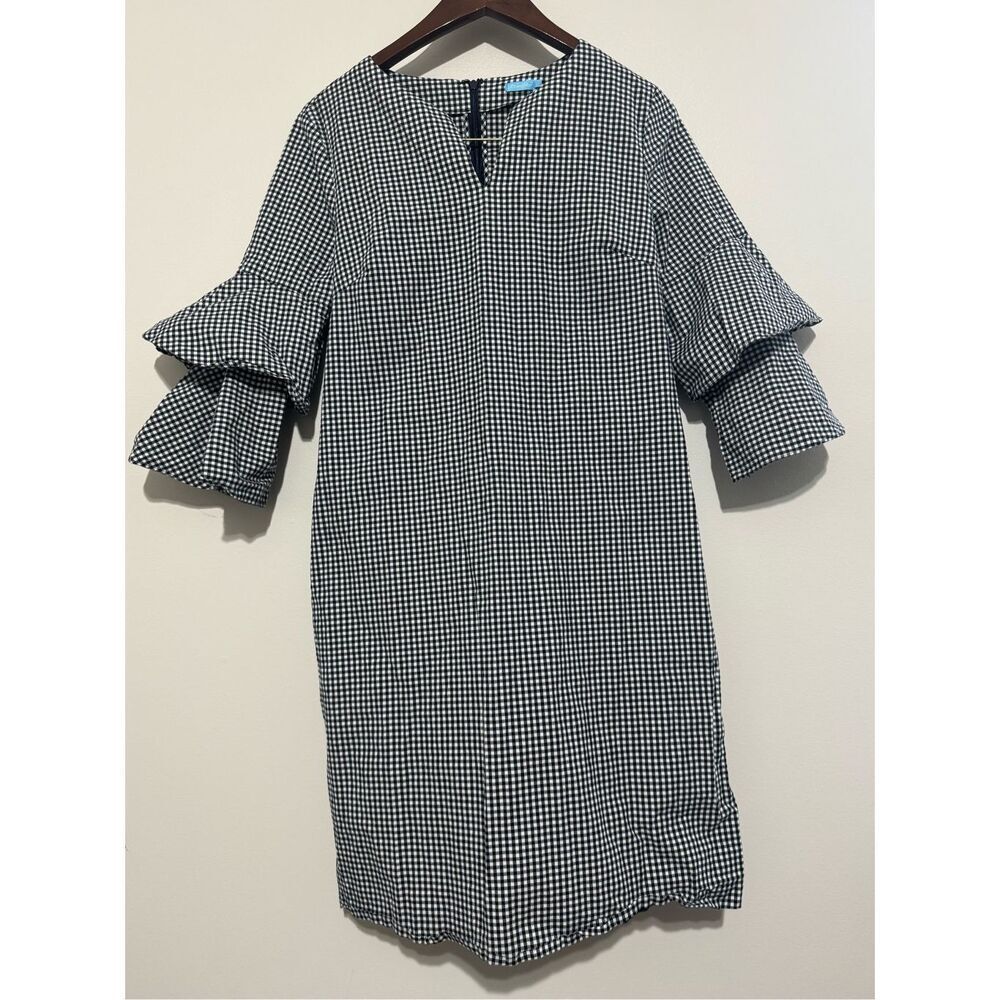 J Mclaughlin Dress Womens Large Black Letty Bell Sleeve‎ Gingham Ruffled Stretch